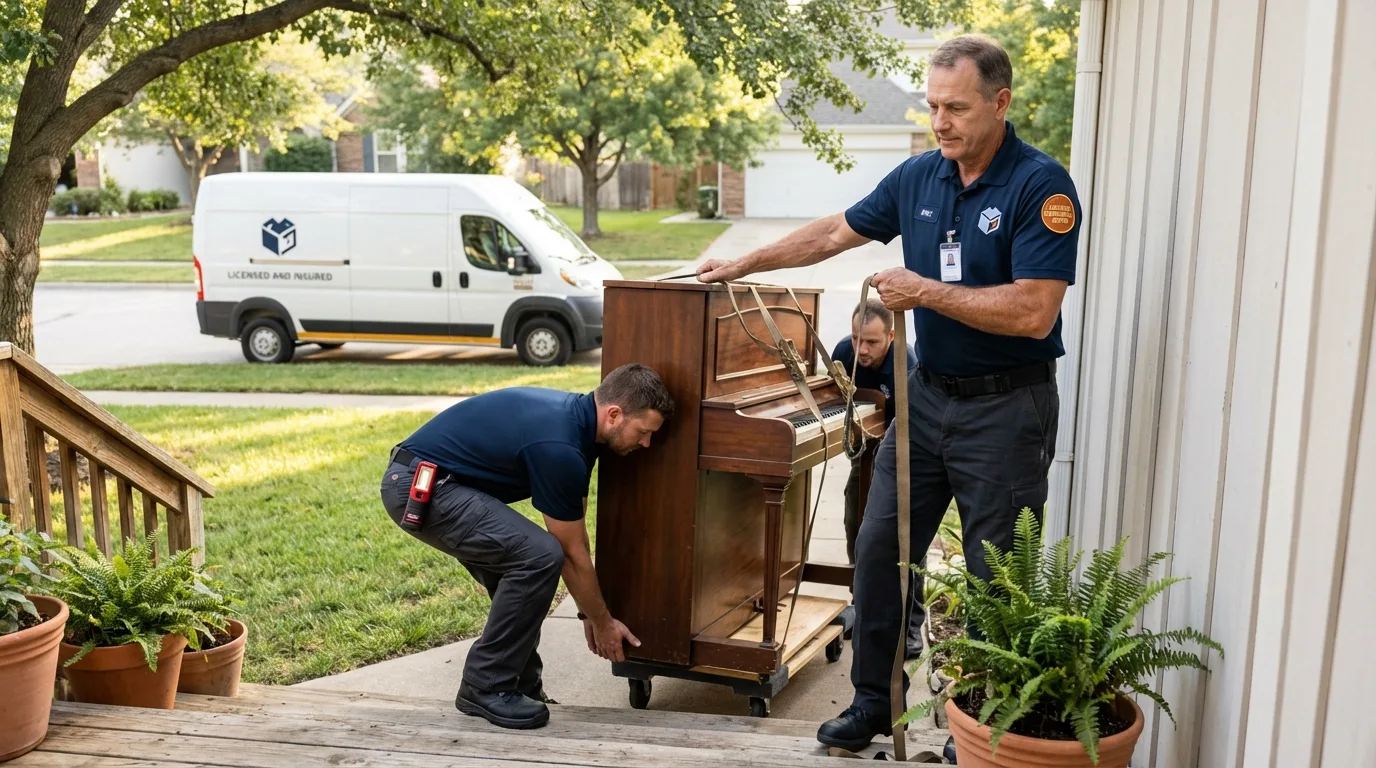 Licensed piano movers securing grand piano in East Chicago, IN
