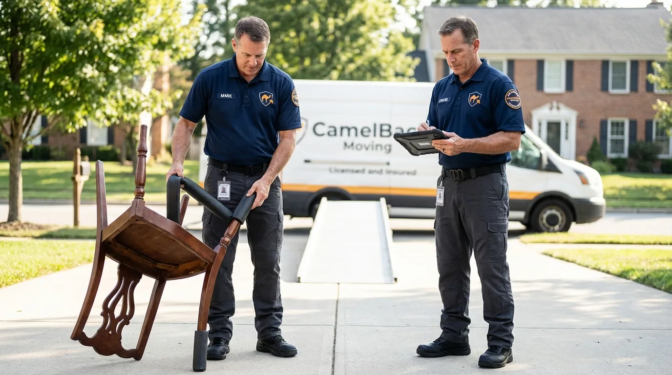 Movers inspecting furniture for damage prevention before loading in East Chicago, IN