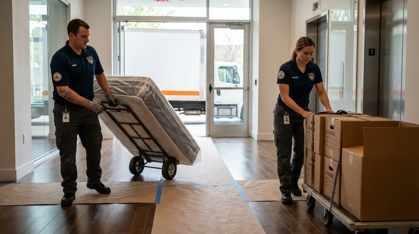 Professional apartment movers loading elevator in East Chicago, IN