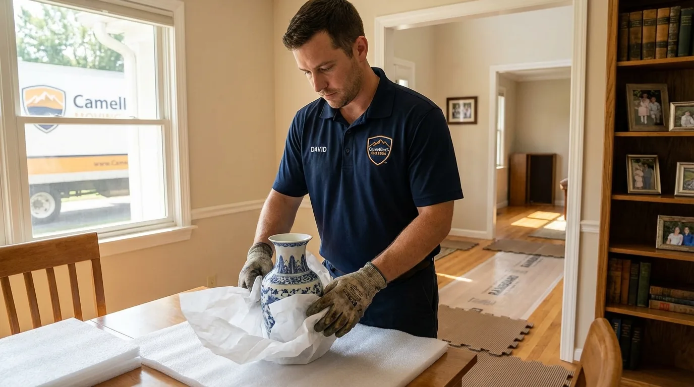 Professional crew carefully wrapping antique vase for senior downsizing move in East Chicago, IN