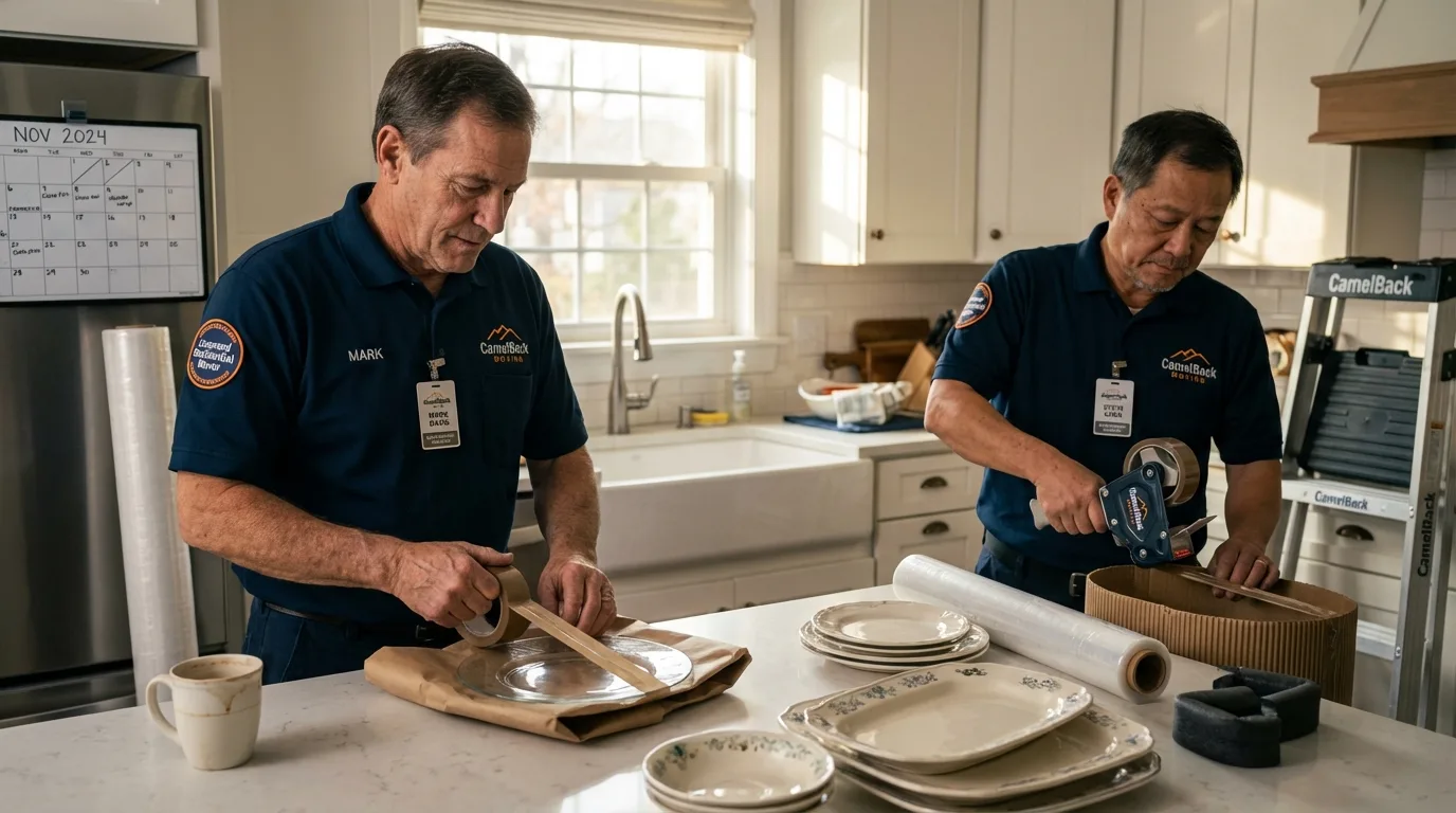 Professional crew packing kitchen dishware in East Chicago, IN